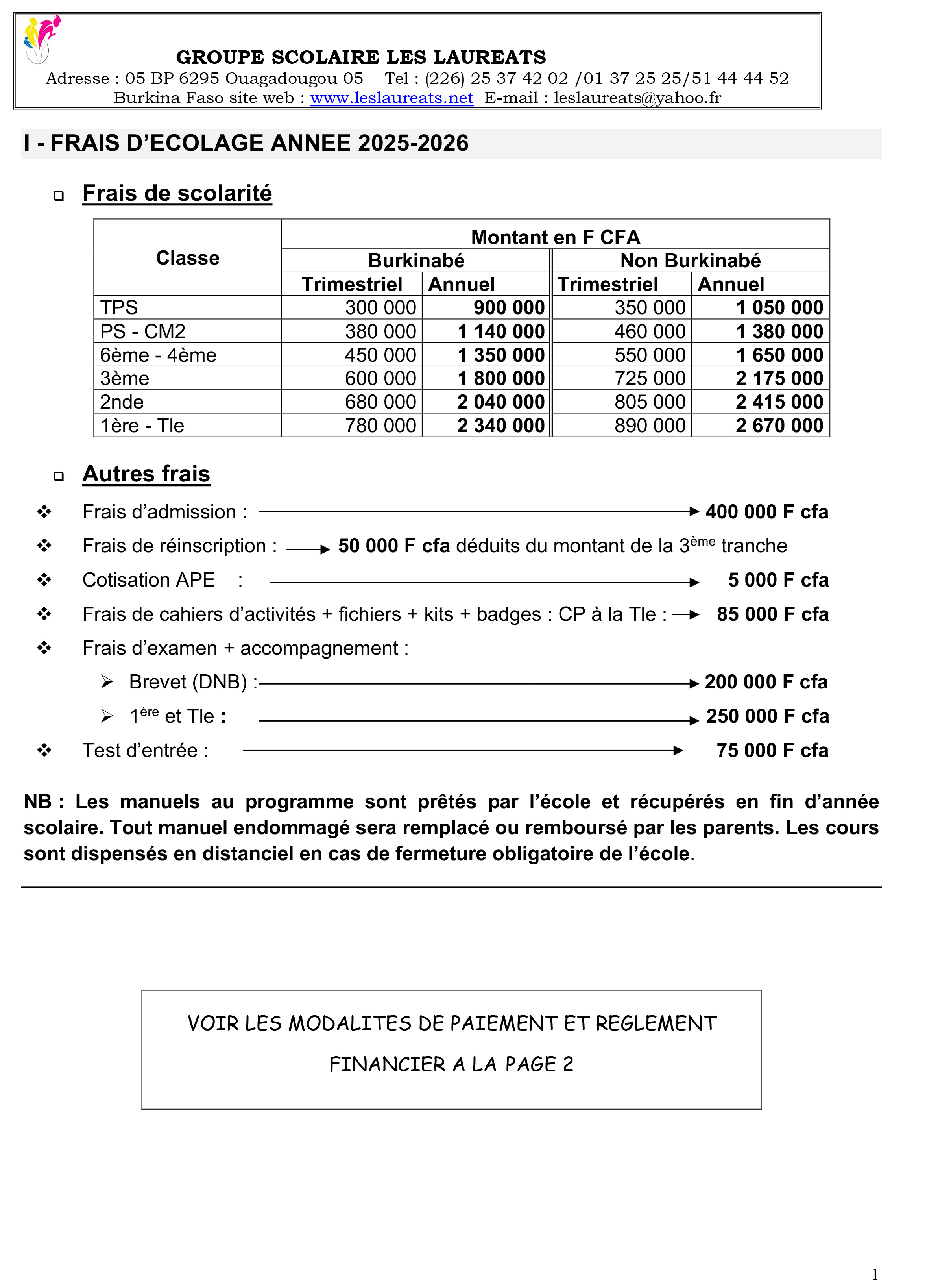 Frais de scolarité 2025 2026 bon